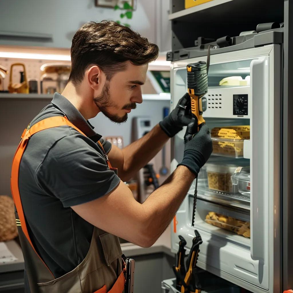 Appliance repair technician working on a refrigerator in a professional workshop