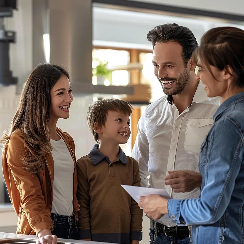 Family interacting with a technician in a modern kitchen, highlighting customer satisfaction