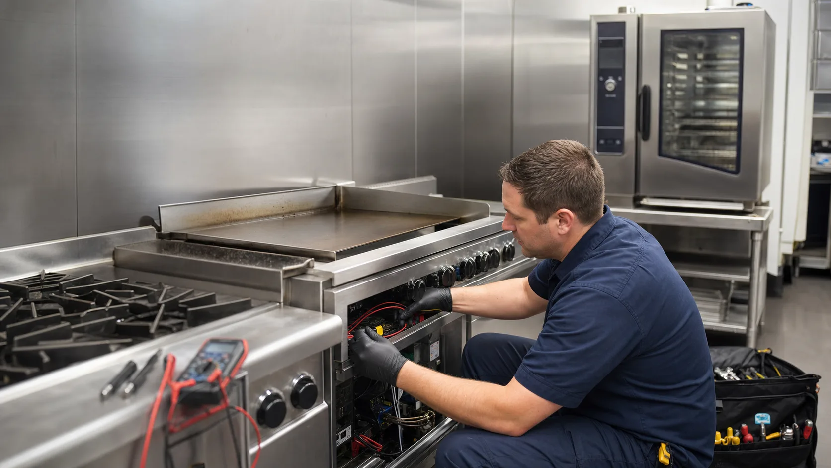 APEX technician inspecting a commercial cooking appliance for commercial induction range not detecting pan in Greater Cleveland