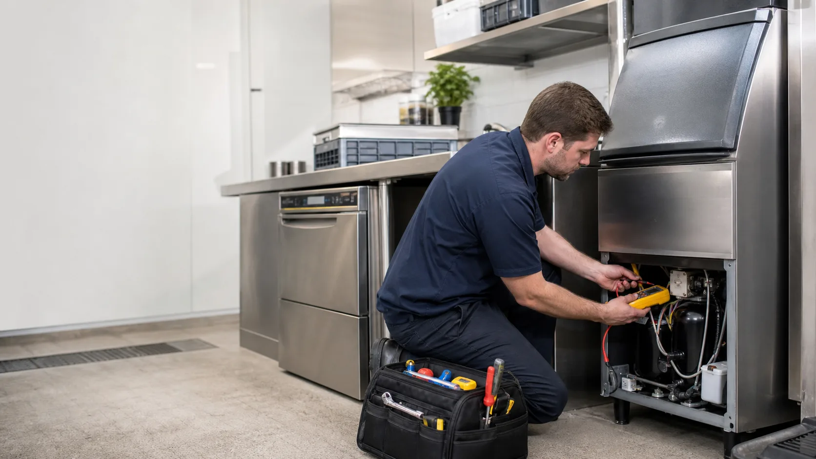 APEX technician inspecting a commercial dishwasher for commercial dishwasher not heating water in Greater Cleveland