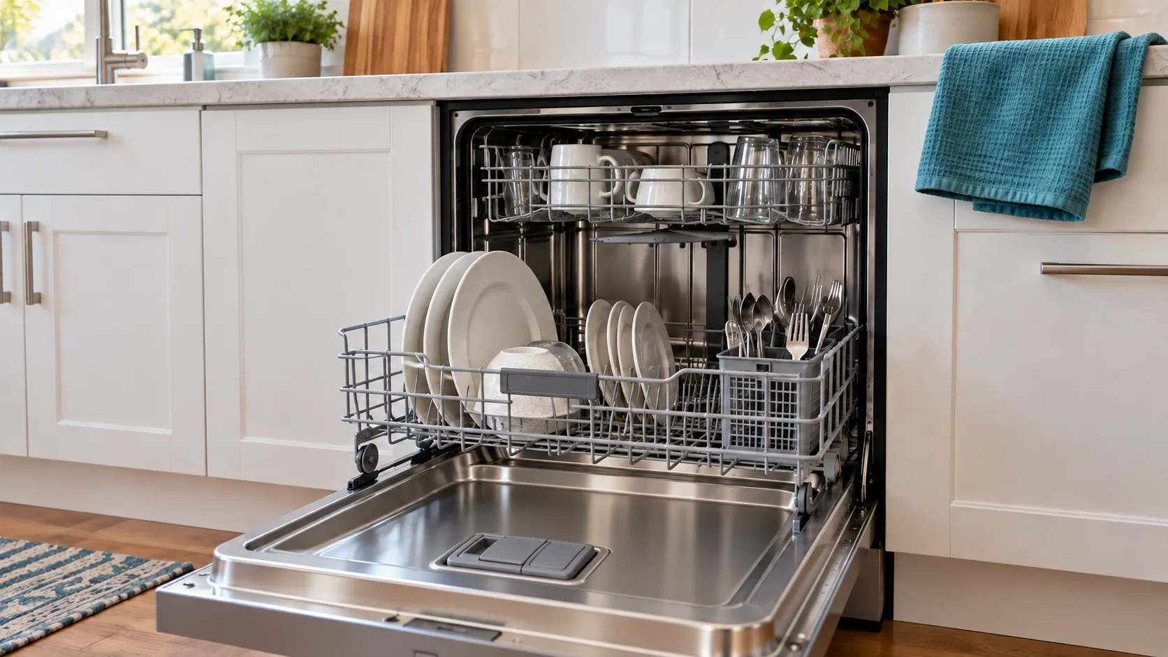 Illustration of an open dishwasher with its lower rack pulled forward for a drainage troubleshooting guide.