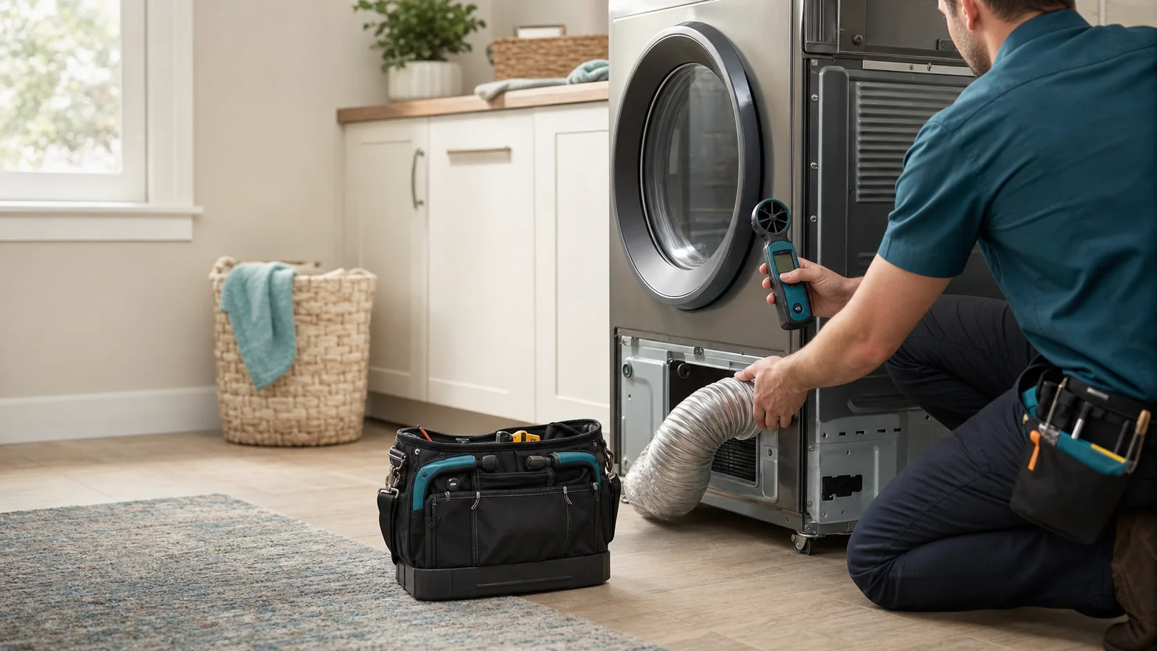Appliance technician inspecting dryer airflow and a vent hose in a Greater Cleveland laundry room