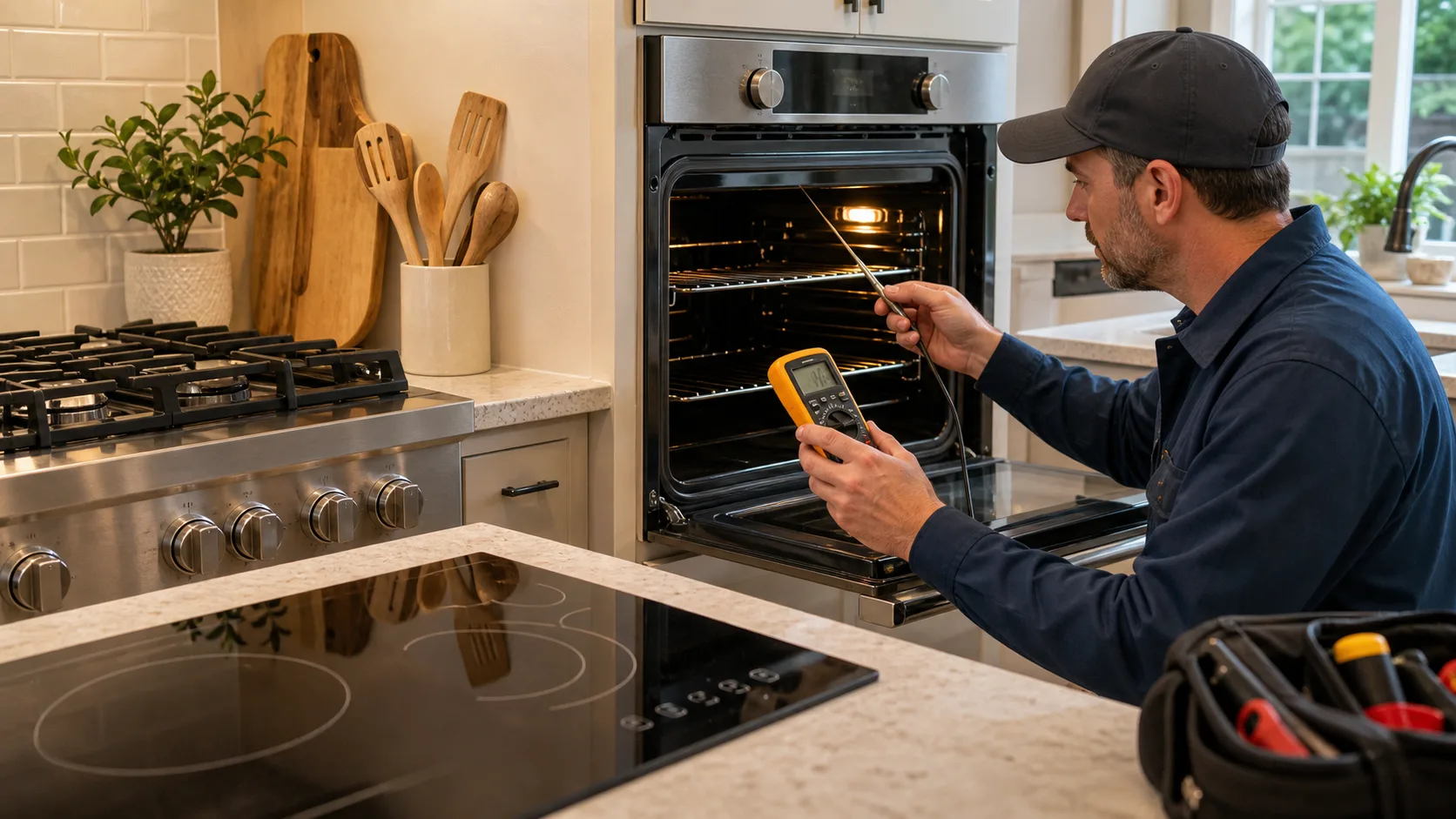 APEX technician inspecting a range, oven or cooktop for electric oven not heating in Greater Cleveland