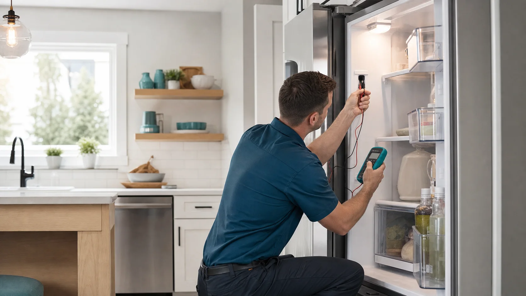 Appliance technician diagnosing a modern refrigerator that is not cooling in a Cleveland home