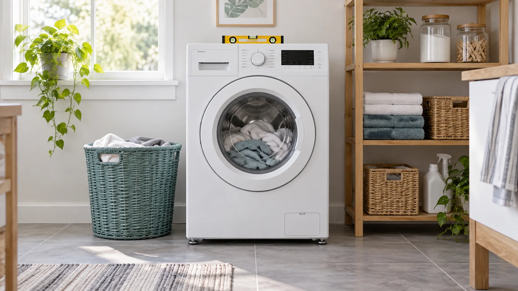 Illustration of a front-load washer with a spirit level on top and a laundry basket beside it.
