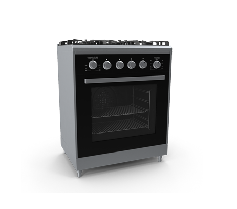 Gas oven with black glass door and stainless steel finish, featuring five control knobs and a spacious interior, representing APEX Appliance Repair's expertise in oven repair services for major brands.