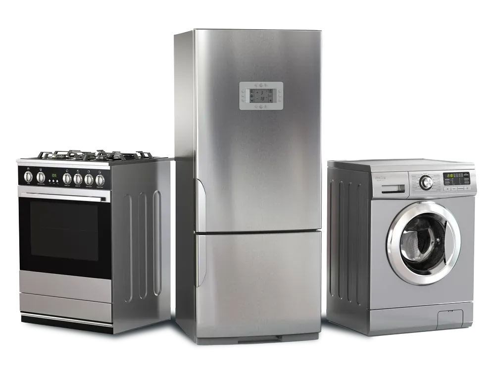 Stainless steel refrigerator, oven, and washing machine representing APEX Appliance Repair services for residential and commercial clients in Greater Cleveland.