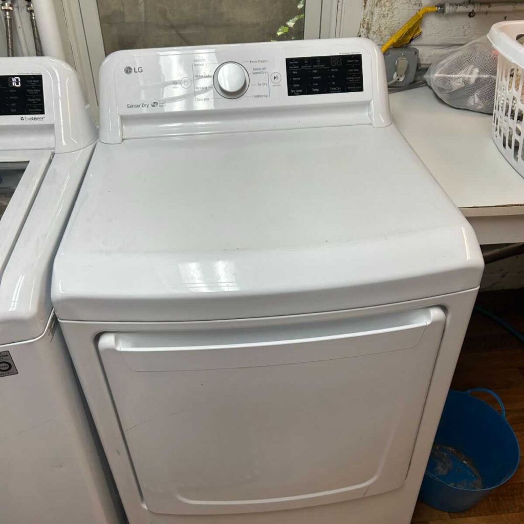 dryer-repair-warrington-road-shaker-heights-ohio-44120-36be.JPG LG gas dryer with control panel and sensor dry features, situated in laundry area, relevant to dryer repair services in Shaker Heights, Ohio.